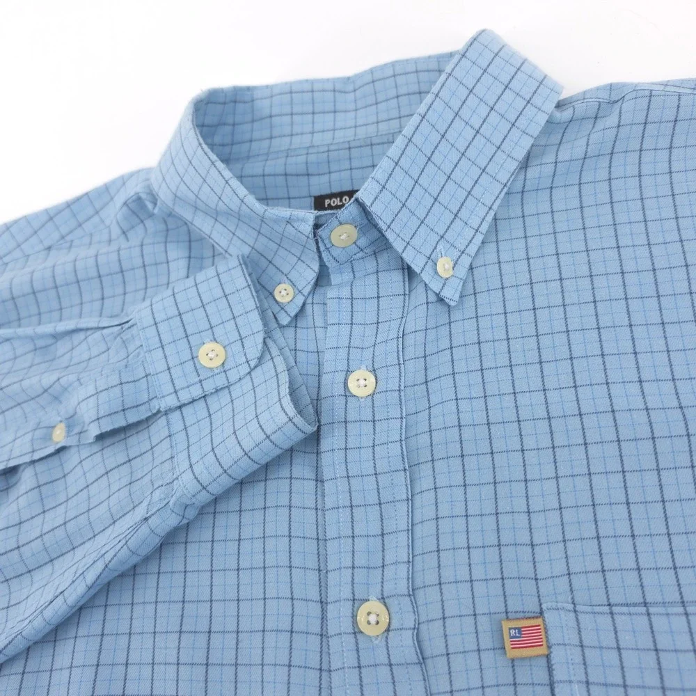 Polo Jeans Co Ralph Lauren Mens Shirt Cotton Blue Grid L Button Down Made in USA